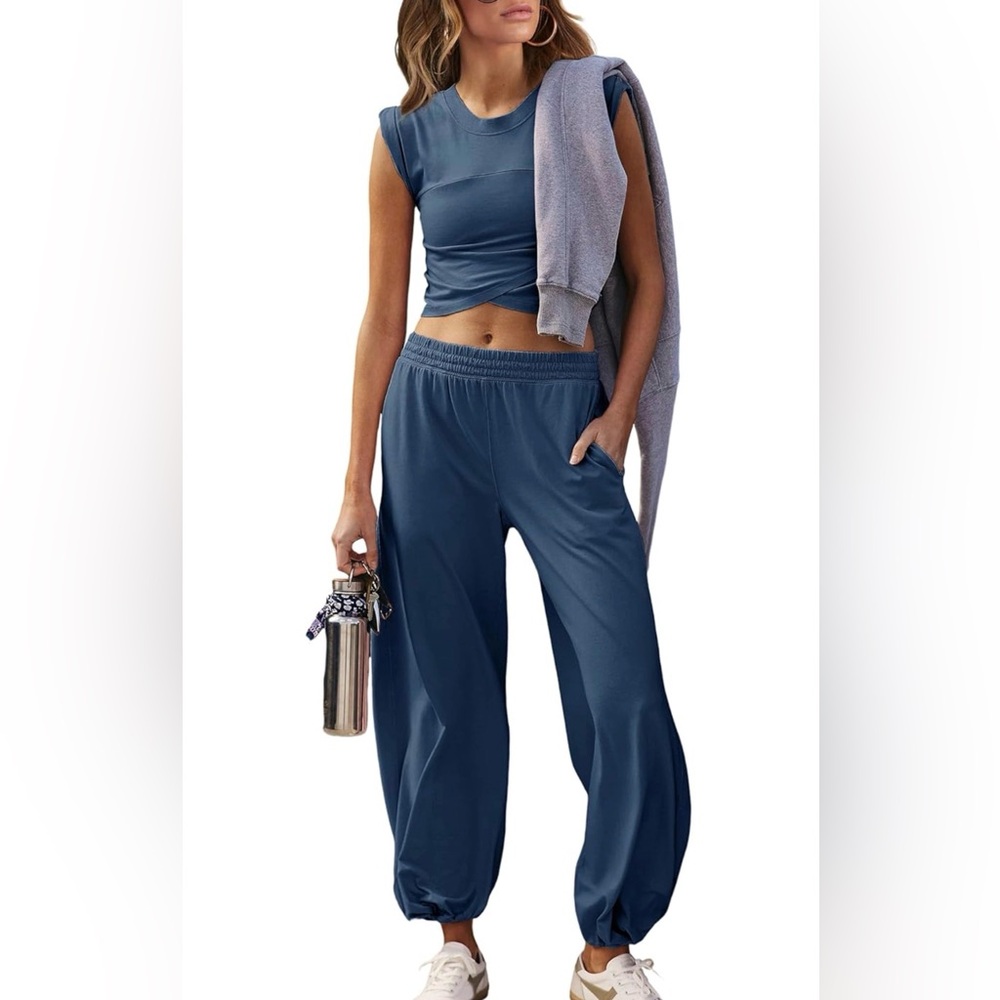 Women's Blue Elastic-Waist Jogger set